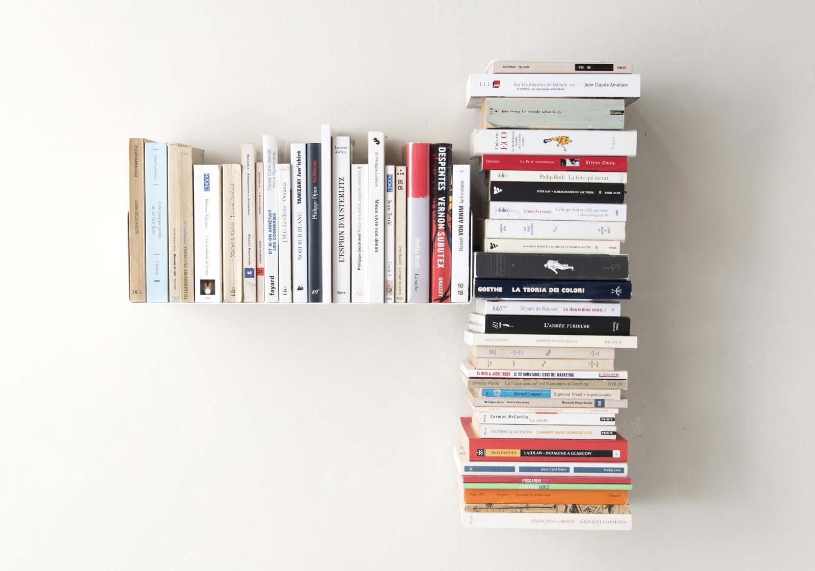 Asymmetrical Bookshelf T Left, White Floating Vertical Bookshelves